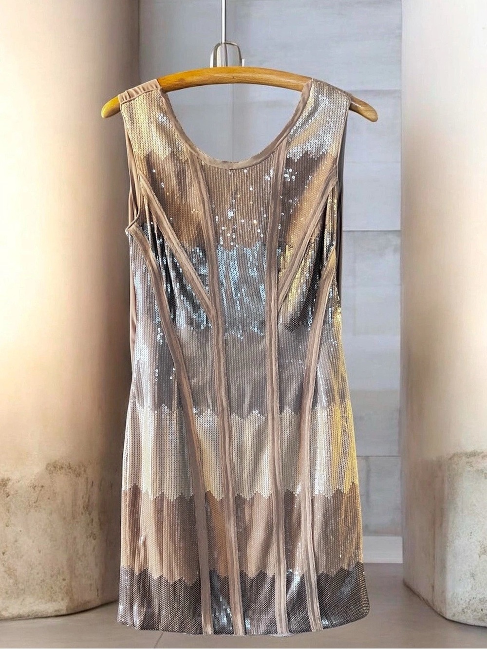 Sequin and Chiffon Party Dress with Ultra Low Back 10 Silver Nude Sexy Neutrals